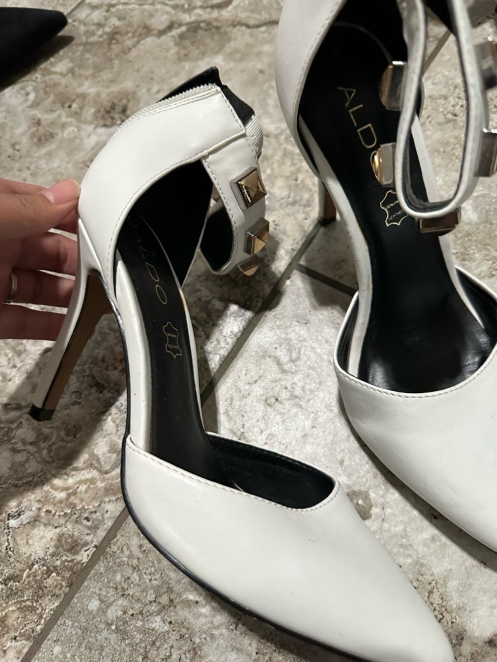 Aldo White Pointed-Toe Ankle Strap Heels with Gold Stud Detail - Picture 2 of 6
